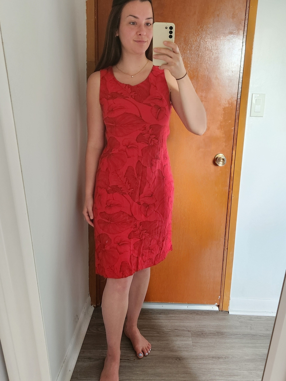 Sleeveless Red Floral Sheath Dress